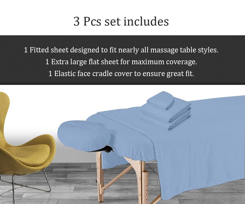 AVALON CARE Massage Table Sheets Set - 3 Pcs 100% Cotton Flannel - Fitted Sheets, Flat Sheet & Face Cover - Soft & Smooth Massage Bed Cover - Sky Blue