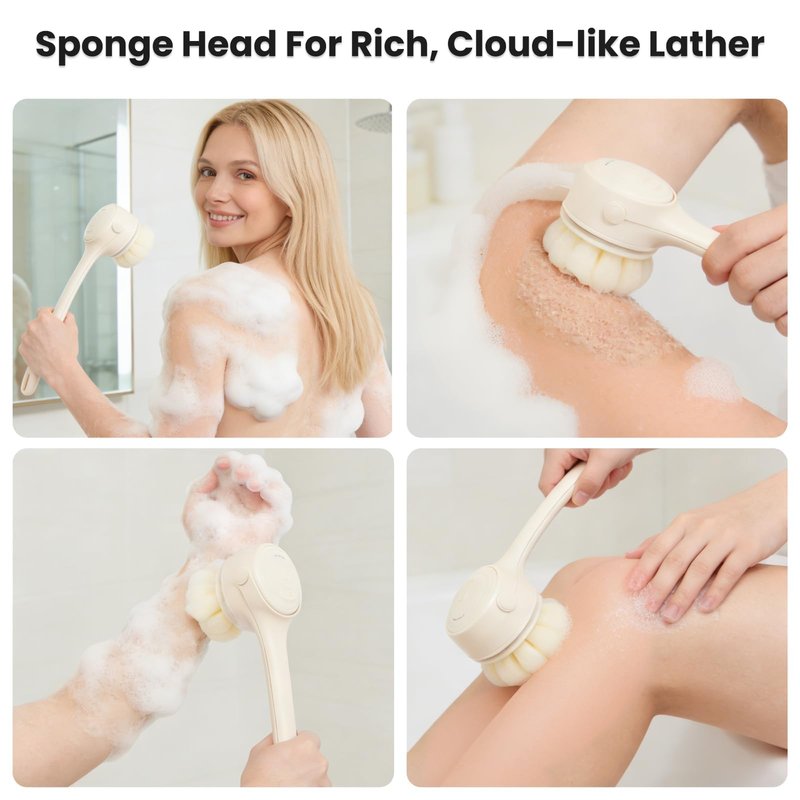 Electric Back Scrubber for Shower, Waterproof Body Brush with 4 Replacement Heads & Auto-Lock & Long Handle, 3-Speed Rechargeable Power Back Scrubber for Exfoliating & Deep Cleaning & Skin Massaging