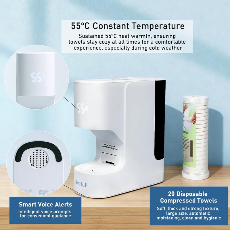 LiveFull Hot Face Towel Heater Machine, Towel Warmer, 55°C Constant Temperature, 20 Compressed Towels, Smart Voice Alerts, Auto Heating & Dispensing, White