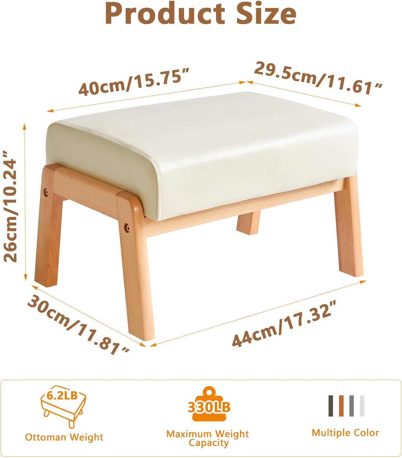 Small Foot Stool Ottoman - 10.2” Rectangle PU Faux Leather Foot Rest with Padded Seat & Wood Legs | Modern Accent for Living Room & Office, White