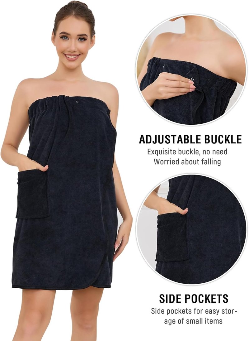 Air Curvey Women's Soft Wrap Towel Shower Wrap Robe Lightweight Spa Body Wrap Adjustable Closure Bathrobe With Pocket