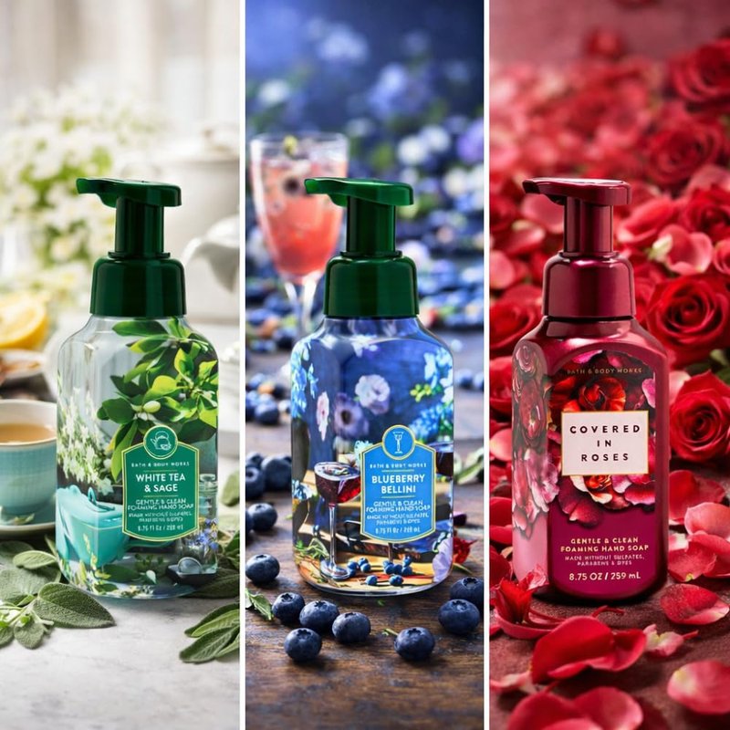 Gentle & Clean Foaming Hand Soap Set - White Tea & Sage, Blueberry Bellini, Covered in Roses | 3-Pack, 8.75 fl oz Each