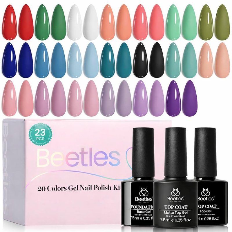 Beetles Summer Gel Polish Set - 20 Colors Red Green White Black Nude Summer Gel Nail Polish with Base Top Coat Trendy Colors Uv LED Lamp Salon DIY at Home Nails Gifts for Women Vibrant Subtle