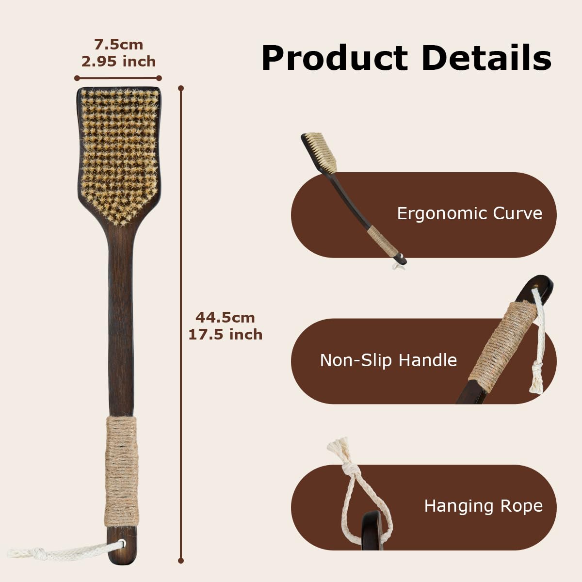 Shower Back Scrubber with Curved Long Handle, Medium-Hard Natural Boar Bristles Back Scrubber for Shower for Men and Women Exfoliator Set with Foot File (2 Pack)