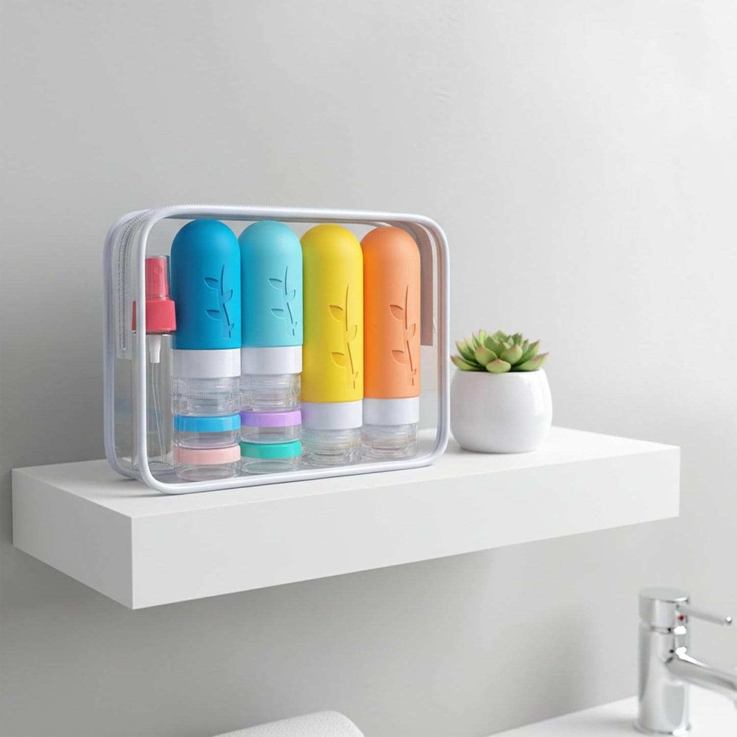 Travel Bottles Kit - TSA Approved Leak Proof Silicone Containers | 16 Pack with Jars, Sprayers & Bag (White)