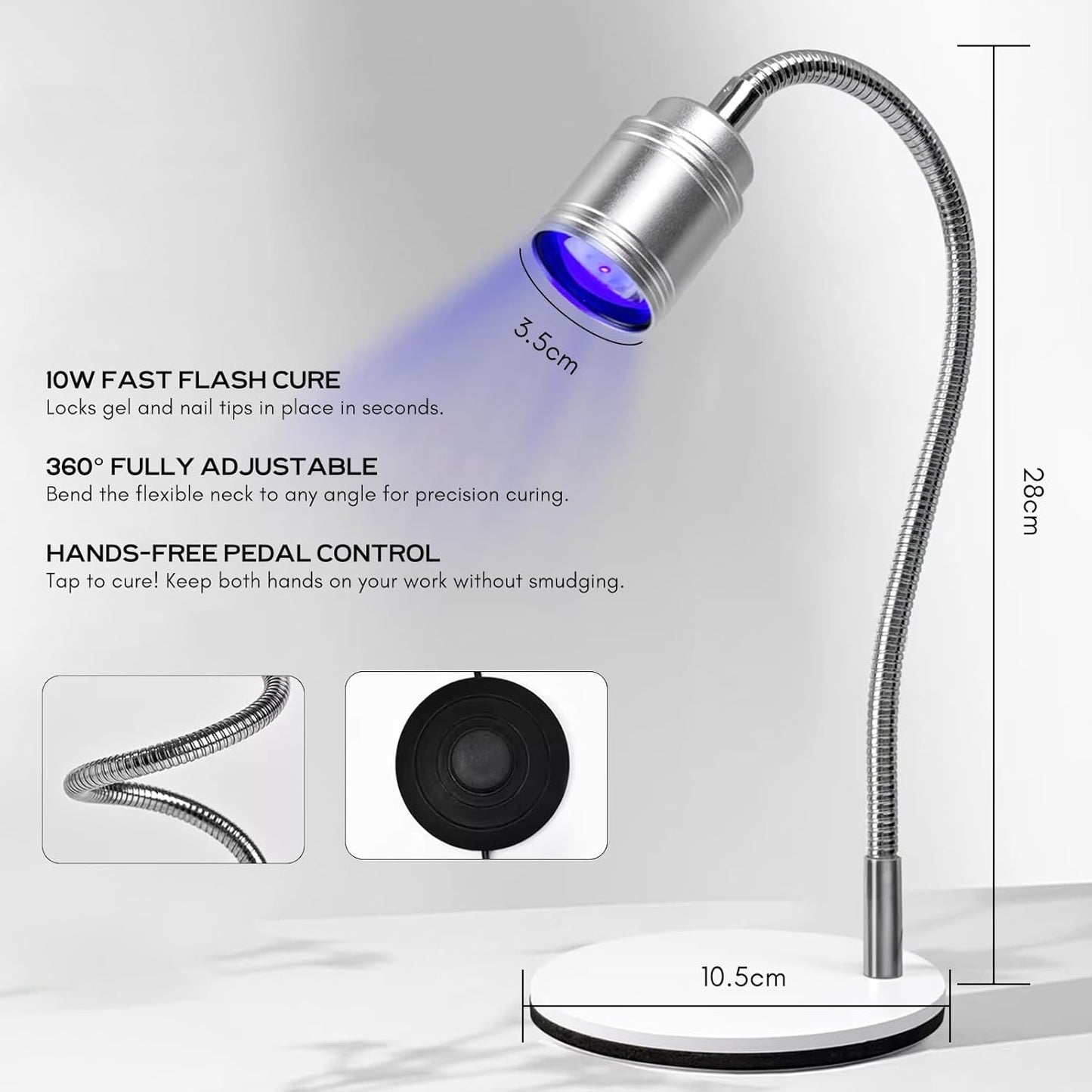 vettsy Professional Hands-Free UV LED Nail Lamp with Foot Pedal Switch - 360 Flexible Gooseneck Flash Cure Light for Nail Extensions, 3D Nail Art & Tip Application - Heavy Duty Base, USB Powered