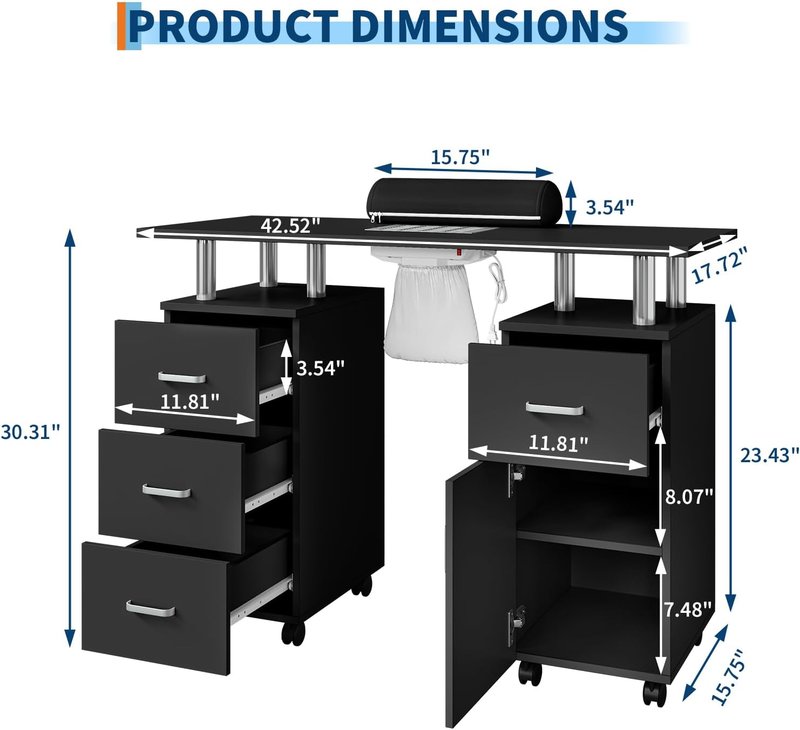 Nail Desk for Nail Tech | Manicure Table with Dust Collector & Hand Rest - Black, Storage Cabinets & Lockable Wheels