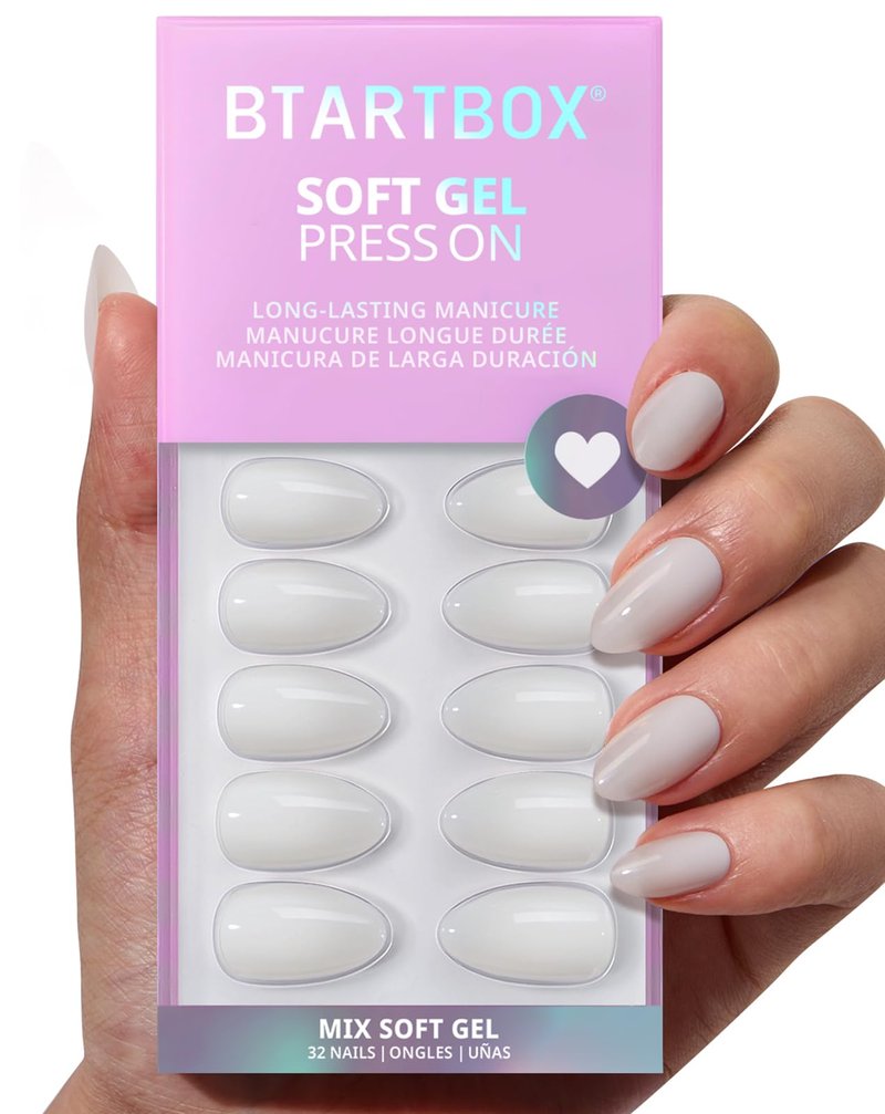 BTArtbox French Tip Press On Nails - Green Romance, Short Almond Press On Nails with Glue and Adhesive Tabs for Women in 16 Sizes - 32 Soft Gel Glue On Nails Kit