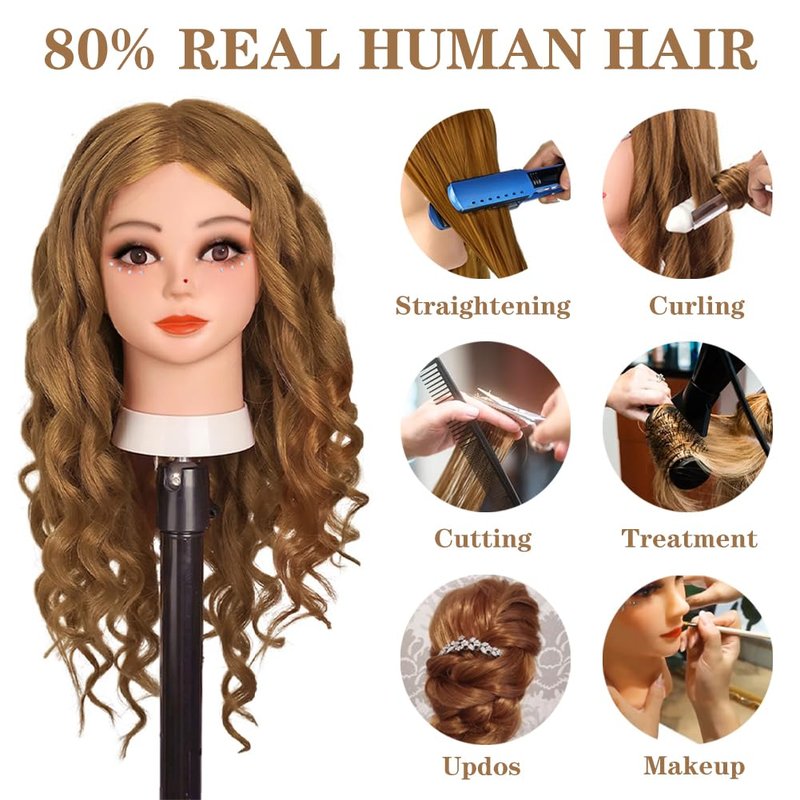 Opini Mannequin Head with 80% Human Hair Cosmetology Mannequin Head Doll Head for Hair and Makeup Practice Head (#27 Brown No Makeup)