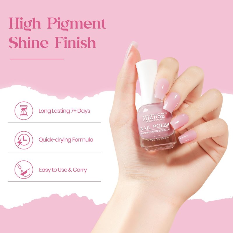 MIZHSE Quick Dry Nail Polish, Regular Pink Nail Polish Non Gel Air Drying Fast, 15 ml Glossy Finish Nail Lacquer Candy Pink Nail Art Manicure DIY Home