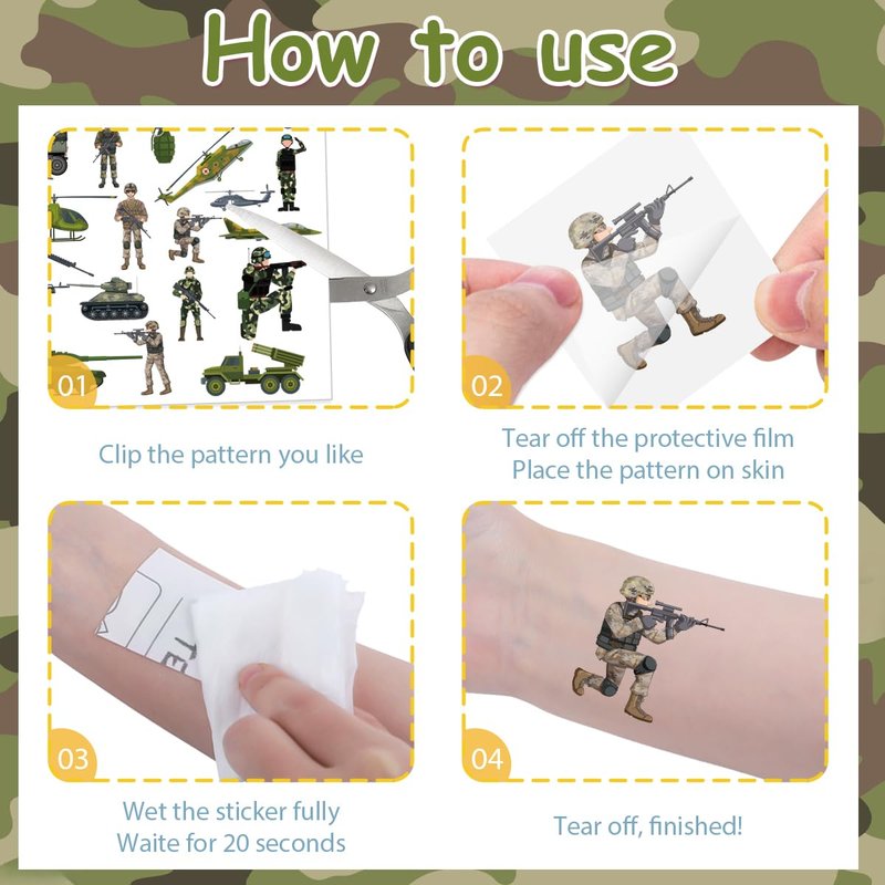 8 Sheets Army Birthday Decorations 200+ Army Temporary Tattoos Military Stickers Camo Theme Party Soldier Helicopter Tank Truck Temporary Tattoos Party Favors Supplies Prizes Rewards