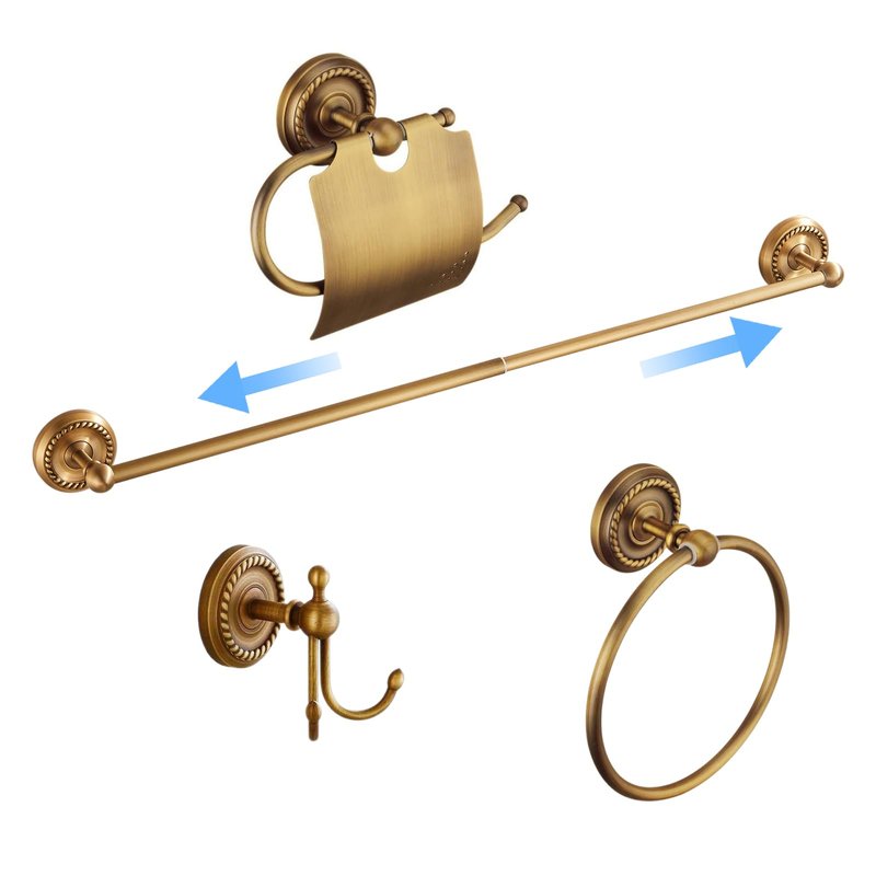 Antique Brass Bathroom Accessories Setret ractable Wall-Mounted Towel Rack & Towel Ring & Toilet Paper Holder & Robe Hook, 4-Piece Vintage Bath Hardware Fixture Set