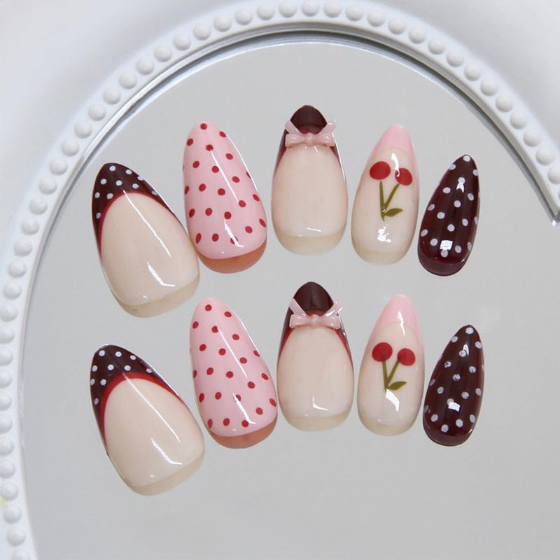 Skiennix 24Pcs Polka Dot Cherry Press-On Nails - Medium Almond Shape, Glossy Red Pink Tips, Reusable Acrylic for Women