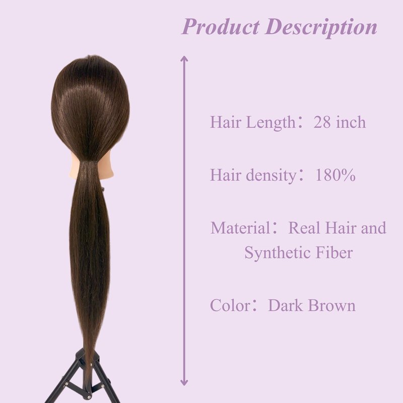 Mannequin Head with 80% Real Hair, 28" Dark Brown Hair Mannequin Head for Makeup & Practice Braiding, Cosmetology Training Doll Head for Hair Styling Kids