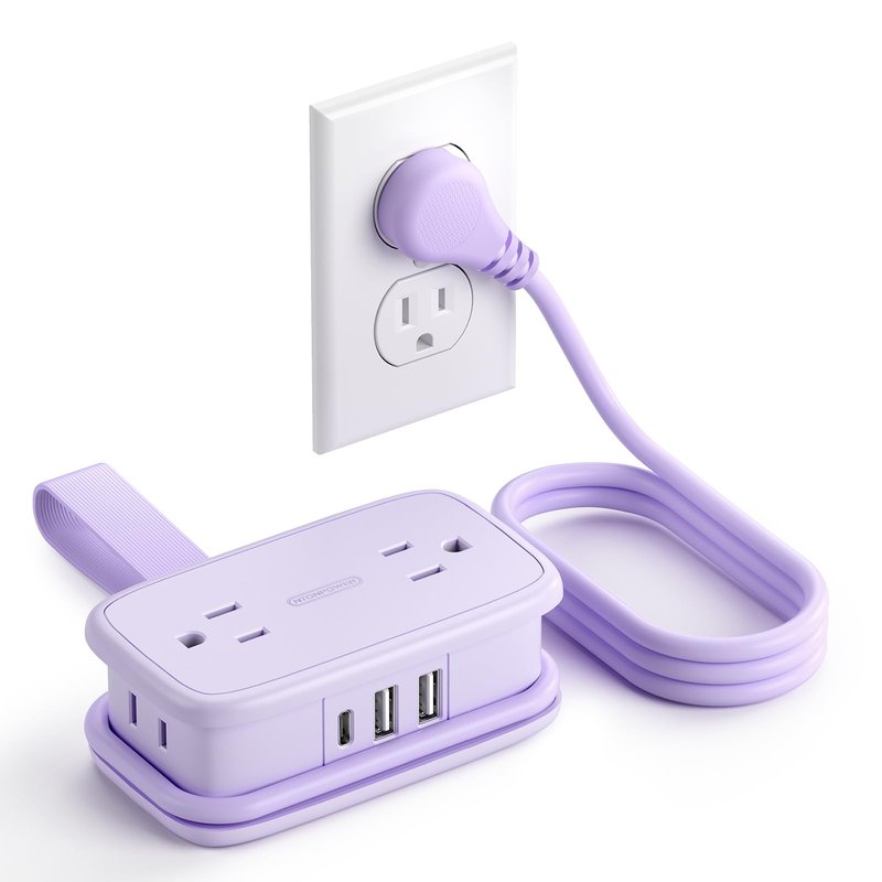 NTONPOWER Purple Travel Power Strip,Travel Essentials 4 Outlets 3 USB(1 C) with 4FT Wrapped Extension Cord Flat Plug, Cruise Essentials 2026 for Hotel Travel Cruise Essentials