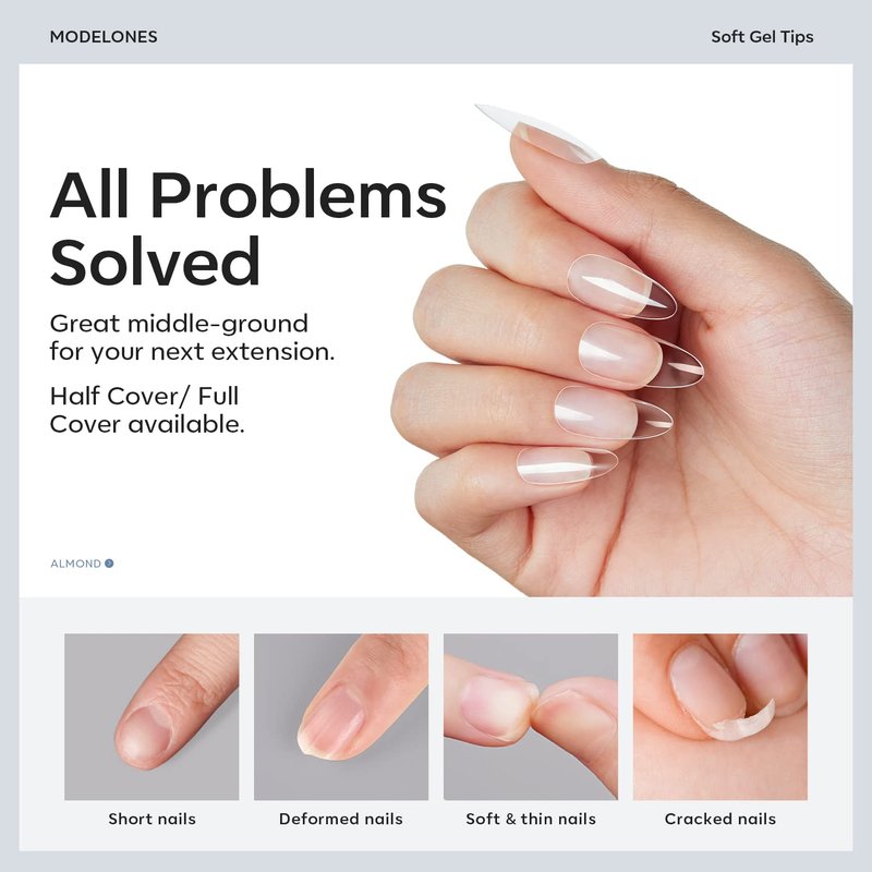 Modelones Medium Almond Nail Tips 510Pcs Clear False Acrylic Almond Press on Nails Pre-shape Full Cover Fake Extension DIY at Home 15 Sizes