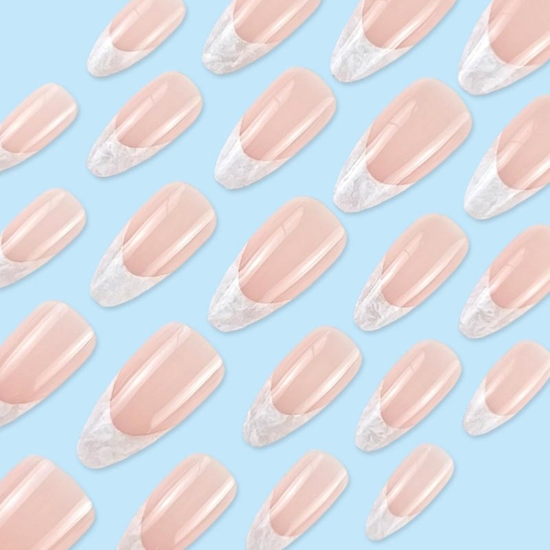 Short Almond Press-On Nails - 24-Piece Nude Marble Set | Elegant & Durable French Fake Nails for Instant Manicure