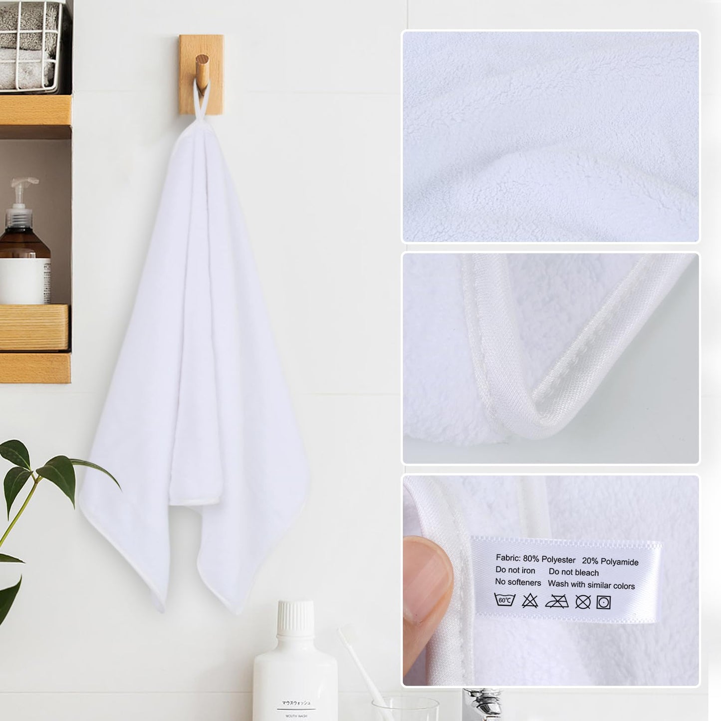 SINLAND Microfiber Hand Towels for Bathroom Super Soft Washcloth for Home Spa Sports Face Towels Hair Towels 16Inch x 30Inch White 3Pack