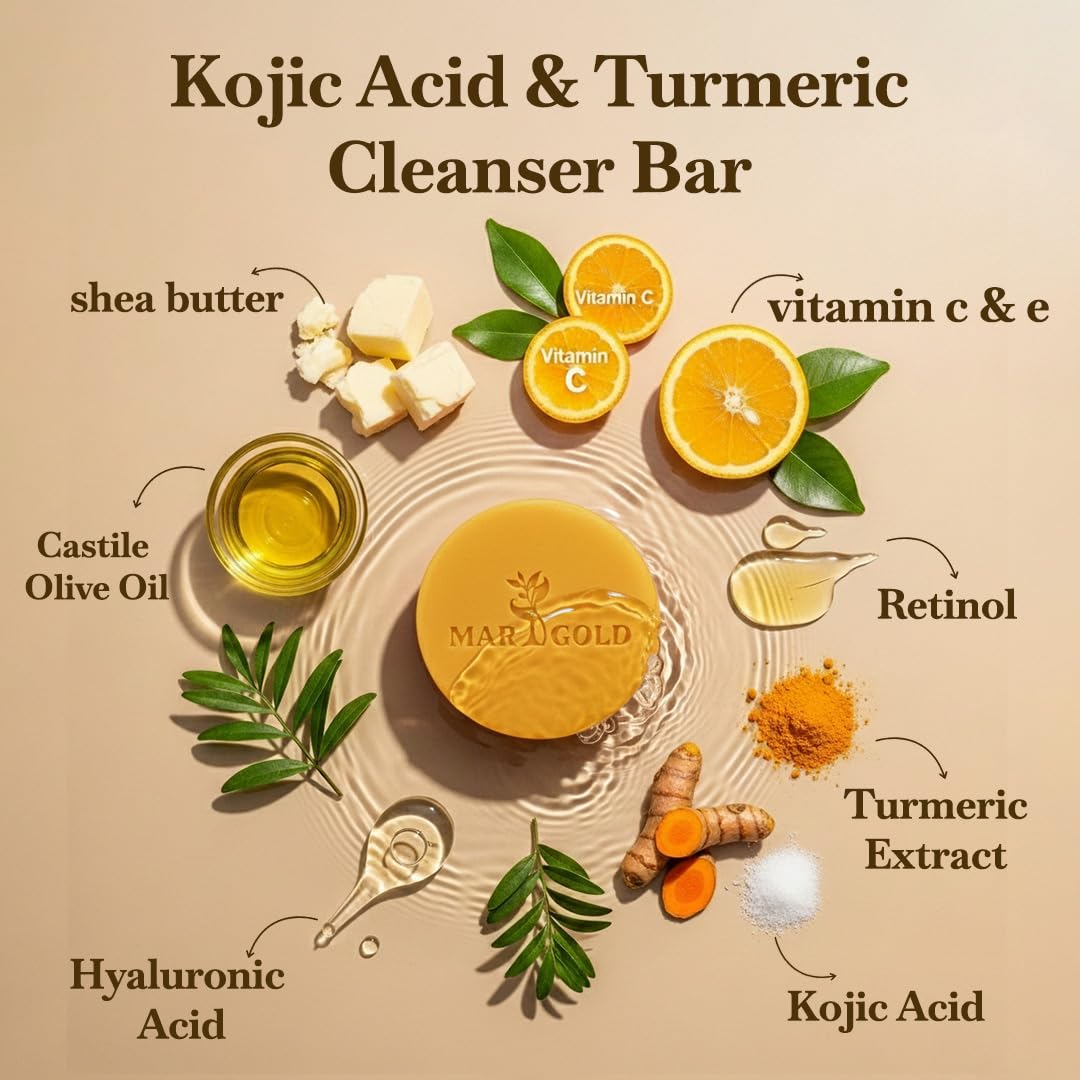 Marigold glow Kojic Acid Soap bar Dark Spot remover with Turmeric for Face and Body Cleanser Bar with Vitamin C Retinol Collagen Hyaluronic Acid, 3.5 Oz Pack of 2