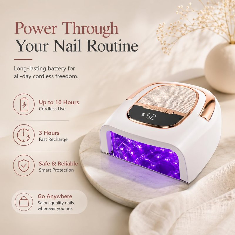 Cordless UV Nail Lamp for Gel Nails, 96W Rechargeable Nail Dryer with Long-Lasting 15600mAh Battery, Fast Curing, Smart Sensor & Sturdy Metal Base for Salon, Home & Travel
