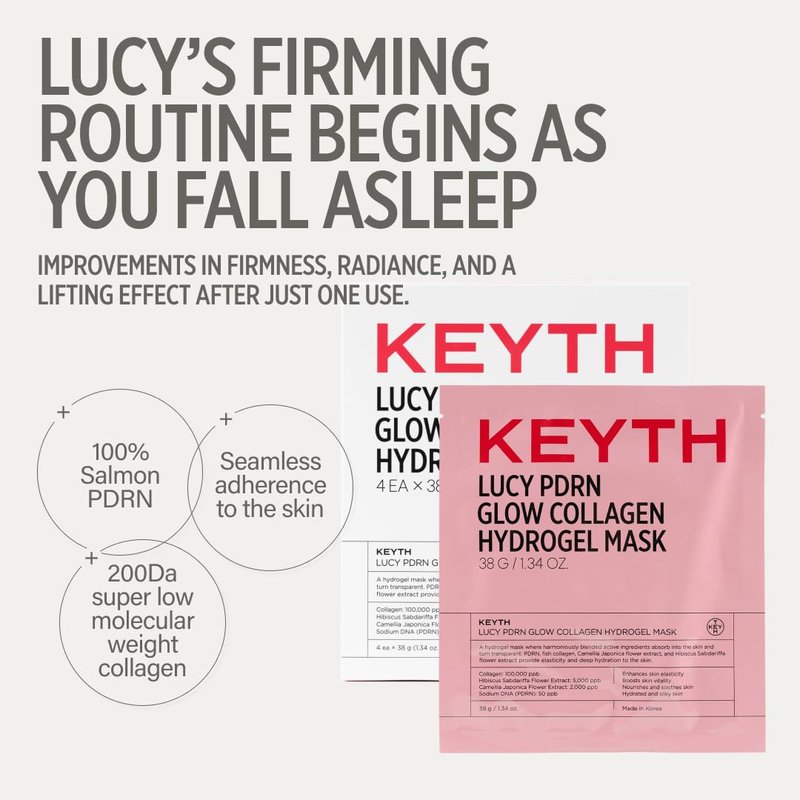 KEYTH LUCY PDRN GLOW COLLAGEN HYDROGEL MASK 4EA X 38G (1.34 OZ.) / Skin Elasticity Enhancement, Vitality Boosting, Nourishment & Soothing, Deep Hydration