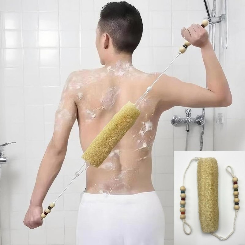 Luffa Bath Shower Sponge - Natural Luffa Exfoliating Body -Natural Loofah 4 Inch - Designed for Women and Men, Body & Face - Includes Unique Wooden Bead Ceramic Handle (White)