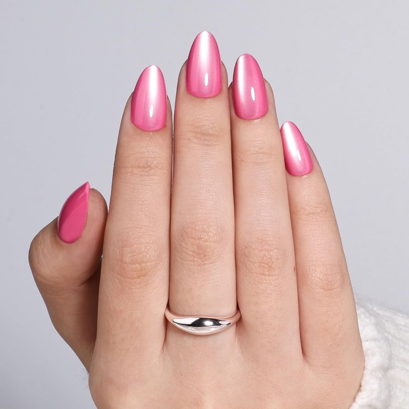 Cat Eye Pink Press On Nails - Fairy Short Almond Fake Nails, CatEye Press On Nails Reusable Stick On Nails in 16 Sizes, 32pcs False Nail Kit for Women & Girls (Starlit Pink)