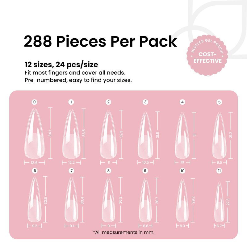 Beetles Gel Nail Tips Etch-X, Stiletto Medium, 288Pcs 12 Sizes, Pre-Etched Half Matte Full Cover Soft Acrylic False Nail Tips Pre-Shaped Easy DIY Fake Nail Extension Salon Gift for Women