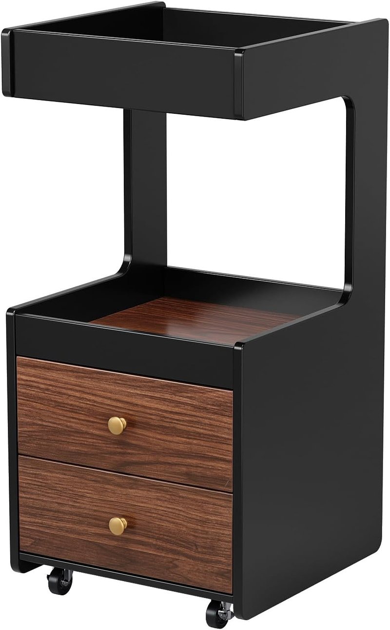 OmySalon Salon Trolley Cart - Mobile Esthetician Storage with Wheels | 2 Drawers, Open Shelf, Black Walnut