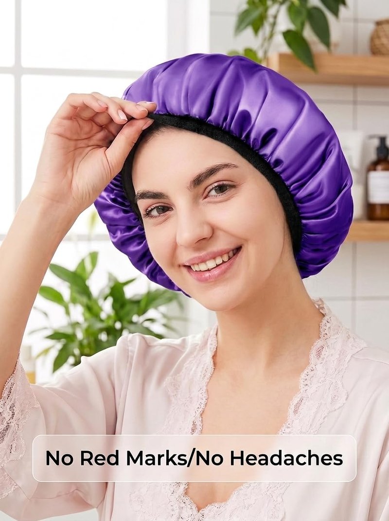 Aquior Shower Cap,Extra Large Triple Layer Bathing Cap with Dry Hair Function for Women Microfiber Terry Cloth Silky Satin 100% Waterproof Reusable Long Hair Bath Caps (Purple)