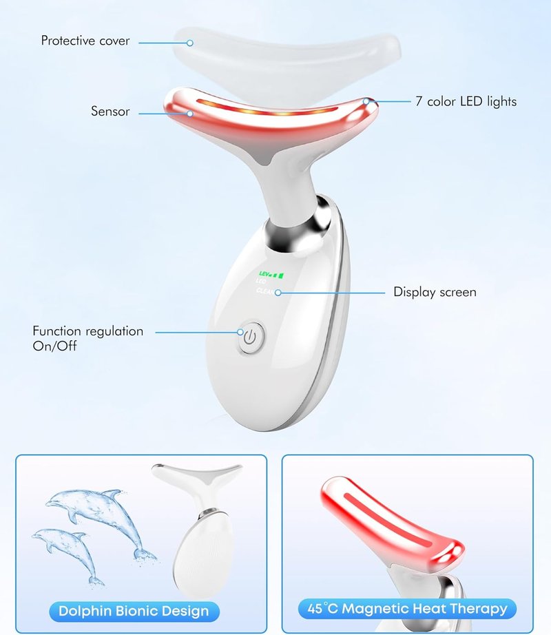Red Light Therapy Face Massager - 7 Color Vibrating Tool for Wrinkles & Double Chin | Glossy White