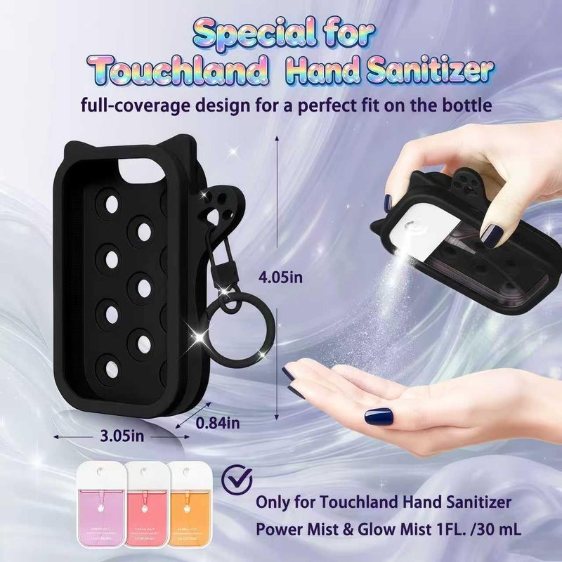 PeaKalo Cat Silicone Case for Touchland Hand Sanitizer Spray, Compatible with Power Mist Glow Mist 1 FL OZ/30ML for Touchland Case with 2 Keychains Cute Bell Portable Travel Accessory