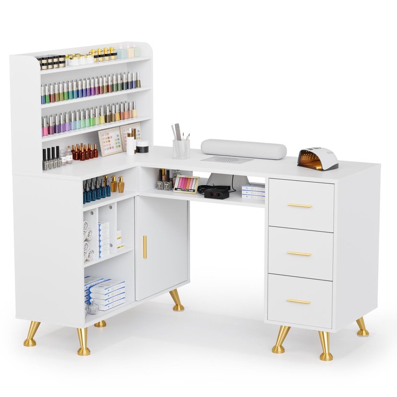 OmySalon L Shaped Manicure Table with Dust Collector, 52" L Corner Nail Desk for Nail Techs, w/Polish Display Rack Arm Rest, Acetone Resistant Top, Drawer and Cabinet Storage, for Nail Salon