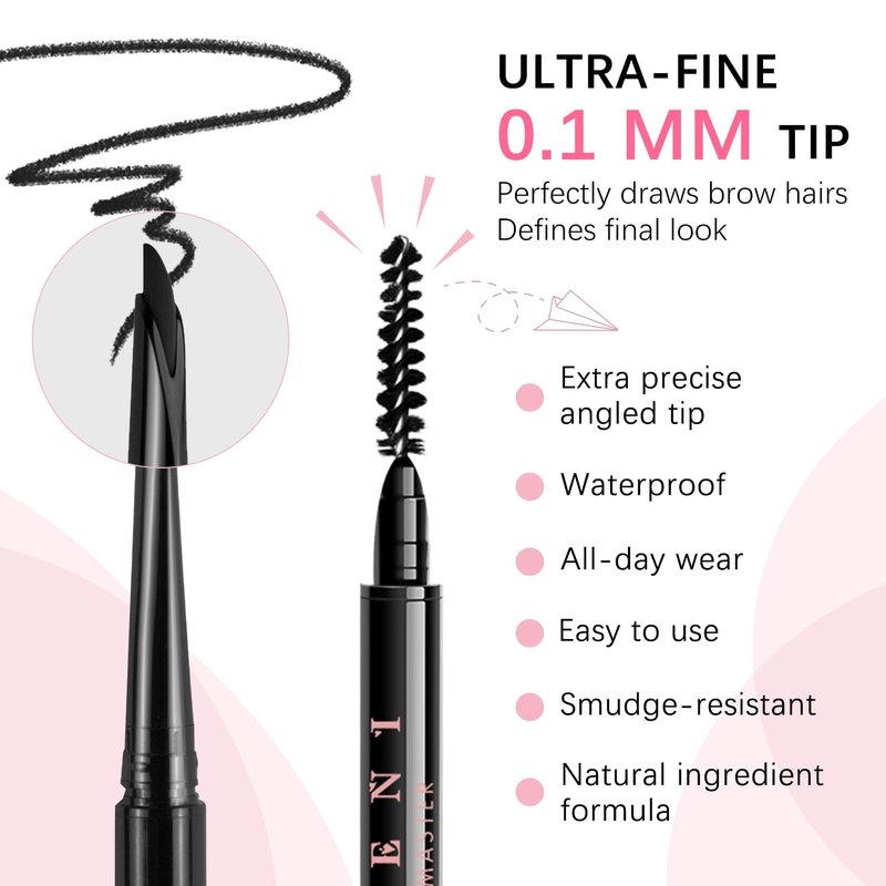 Eyebrow Pencil for Women, Dark Brown Waterproof Brow Pencil, 0.1mm Ultra-Fine Automatic Pencil with Angled Precision Tip & Built-In Spoolie Brush, Long-Lasting Natural Eyebrow Makeup, 0.003 Oz