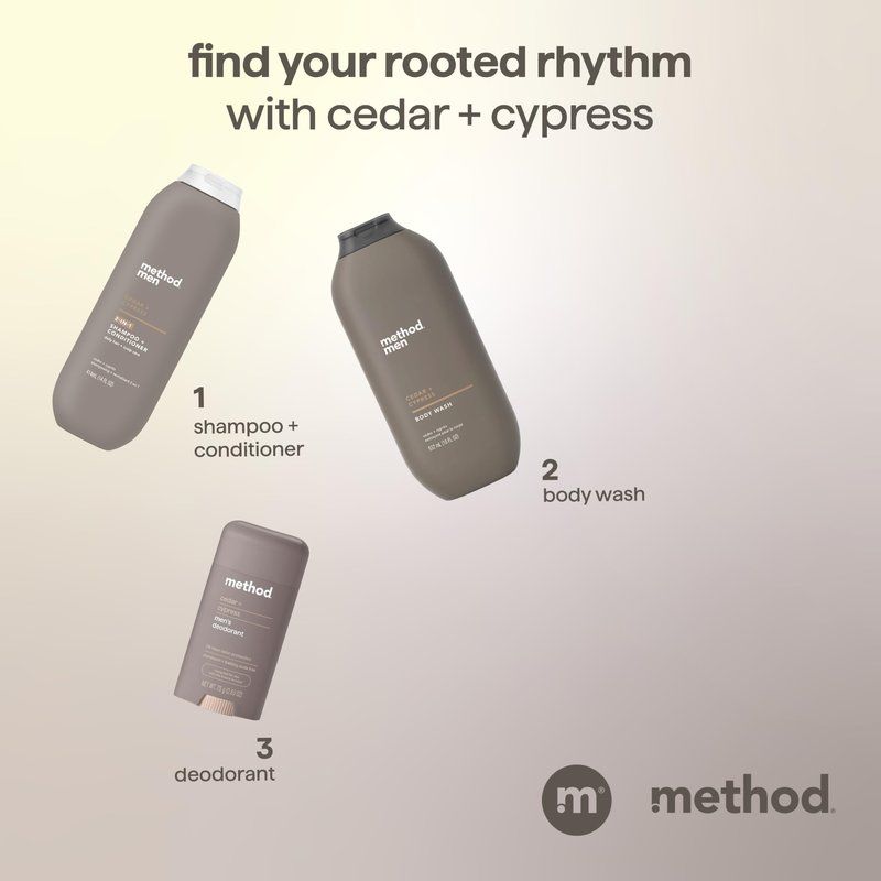 Method Men 2-in-1 Shampoo and Conditioner, Cedar + Cypress - Cleans and Conditions with Argan and Jojoba Oil - Made without Parabens - 14 oz