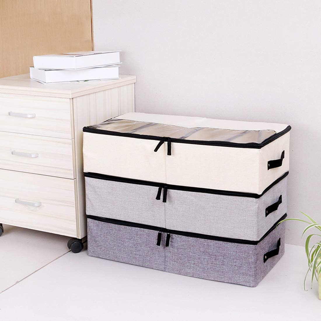 AARAINBOW 2 Packs Under Bed Clothes Shoes Storage Bins with Lids, Underbed Storage Container with Adjustable Dividers, Under Bed Storage Organizer Box 4 Compartment (Gray Green)