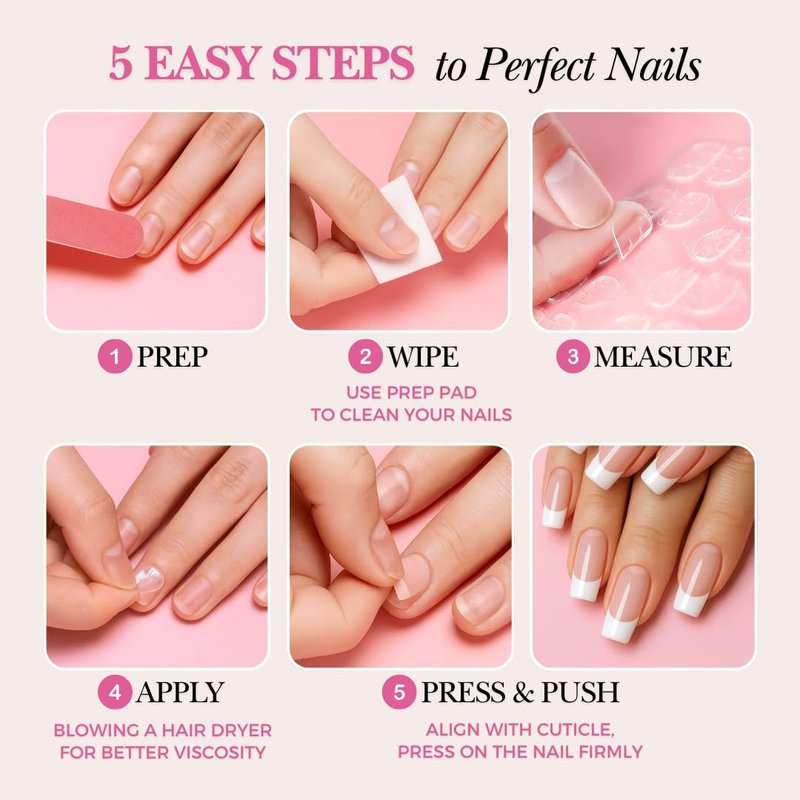 PerfectLook Press On Nails - Short Almond French Tip with Gold Line | 24 Pcs Nude Glossy Nail Kit