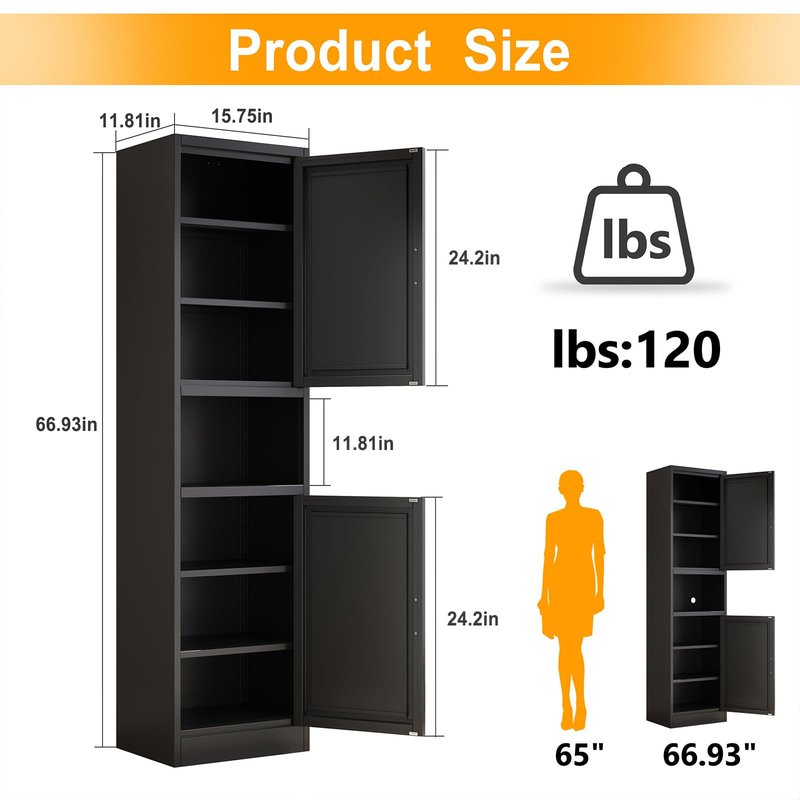 Ckzbx Tall Narrow Storage Cabinet 66.93" H Tall Bathroom Cabinet Metal Pantry Cabinets, 4 Adjustable Shelves for Kitchen, Home Office, Living Room, Dinning Room (16 inches Wide Black)