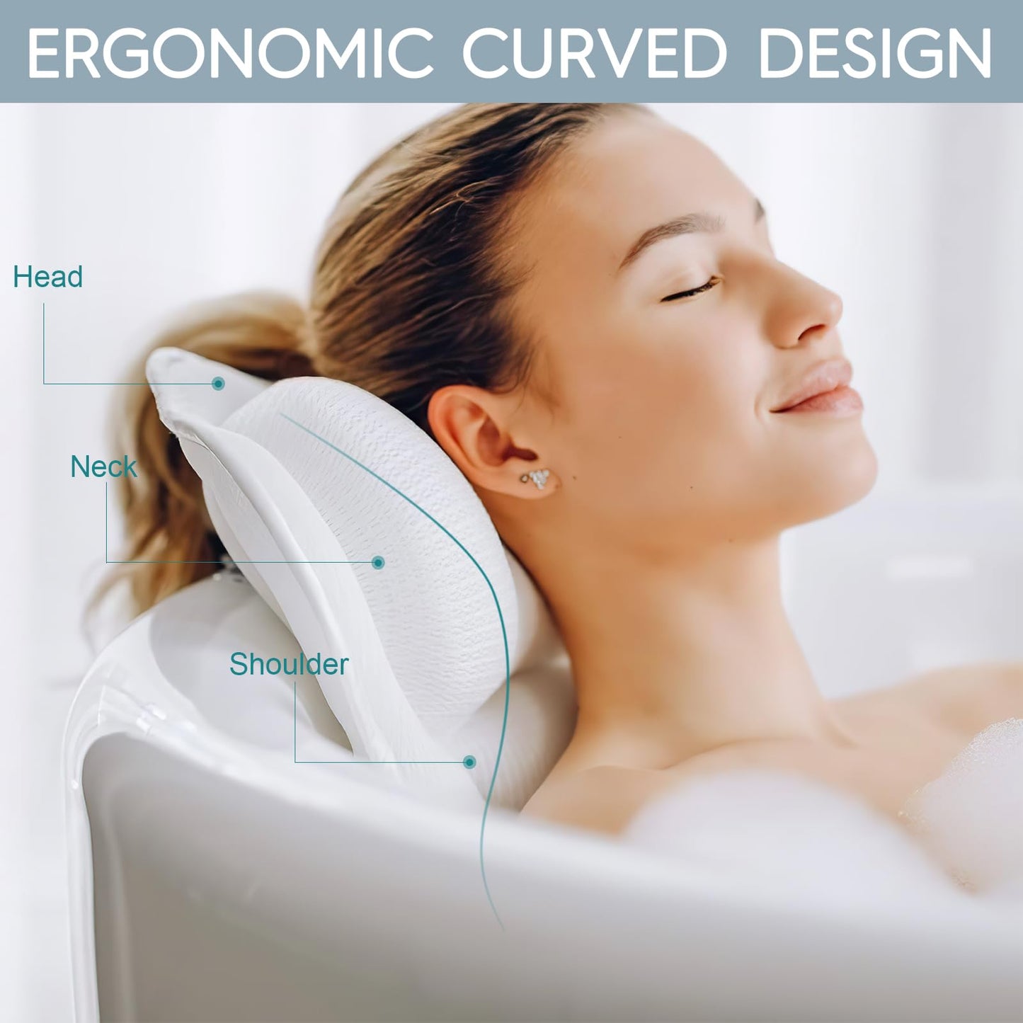 Bath Pillow for Tub, Bathtub Pillow for Head, Neck and Back Support, 4D Air Mesh Spa Bath Pillow with 6 Suction Cups, Machine Washable with Laundry Bag