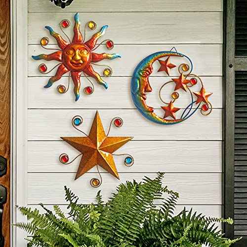 VividLadybug Celestial Wall Decoration Sculpture, Metal Wall Sculpture, Silhouette Wall Decoration, Metal Sun Moon Star Wall Art Sculpture Decoration, Set of 3