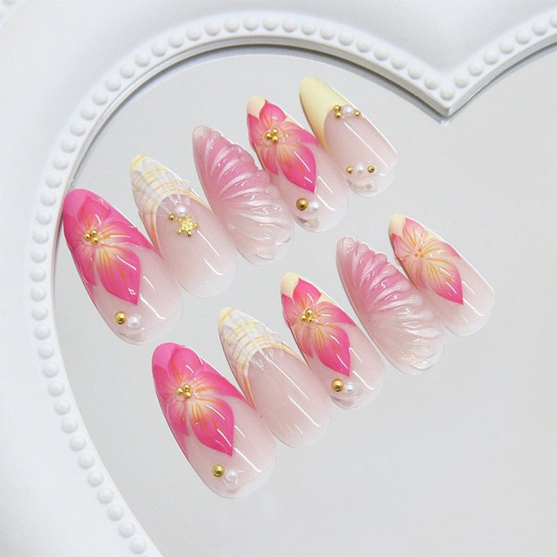 24Pcs Pink Flower Press on Nails Medium Almond Fake Nails with Gold Pearl Rhinestones Designs Cute Glue on Nails Yellow French Tip False Nails Summer Full Cover Artificial Stick on Nails for Women