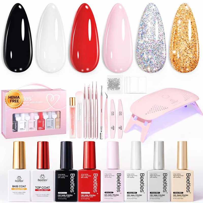 Beetles 22 Pcs HEMA-Free Gel Nail Polish Kit with U V Light - 6 Color Pink Black White Red Shiver Glitter Gel Polish Set Timeless Charm Gift-Ready Package Salon Manicure Kit Mothers Day Gifts
