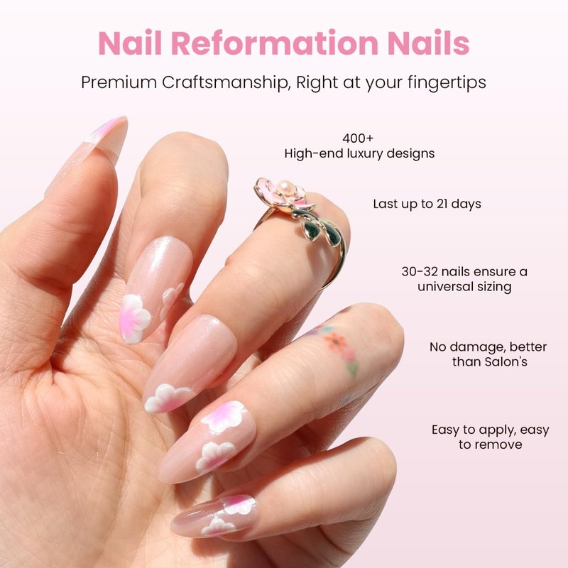 Nail Reformation Press On Nails, Sakura Glow | Medium Almond Fake Nails with Cherry Blossom on Glossy Pink, Salon Quality, Reusable Stick On Nails in 15 Sizes - 30 Nail Kit with Glue, Gifts for Women