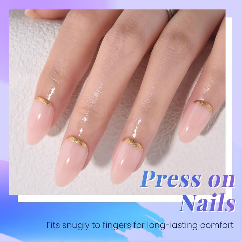 evpct Nude Pink French Press on Nails Short Almond, Short Gold Foil Stick on Nails for Women Gift,Nude Pink Glossy Fake Nail Reusable Soft Gel Press on Acrylic Fake Nail kit with Gold Line Design