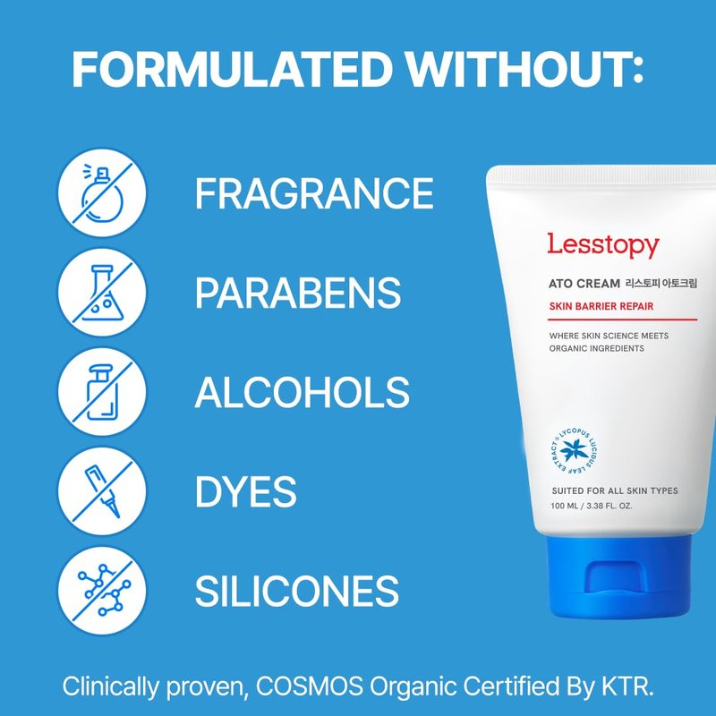 Lesstopy ATO Cream| Daily Gentle Face Moisturizer for All Skin Types | K-beauty, COSMOS Organic,Fragrance-Free, NEA Certified skincare, 3.38 fl oz