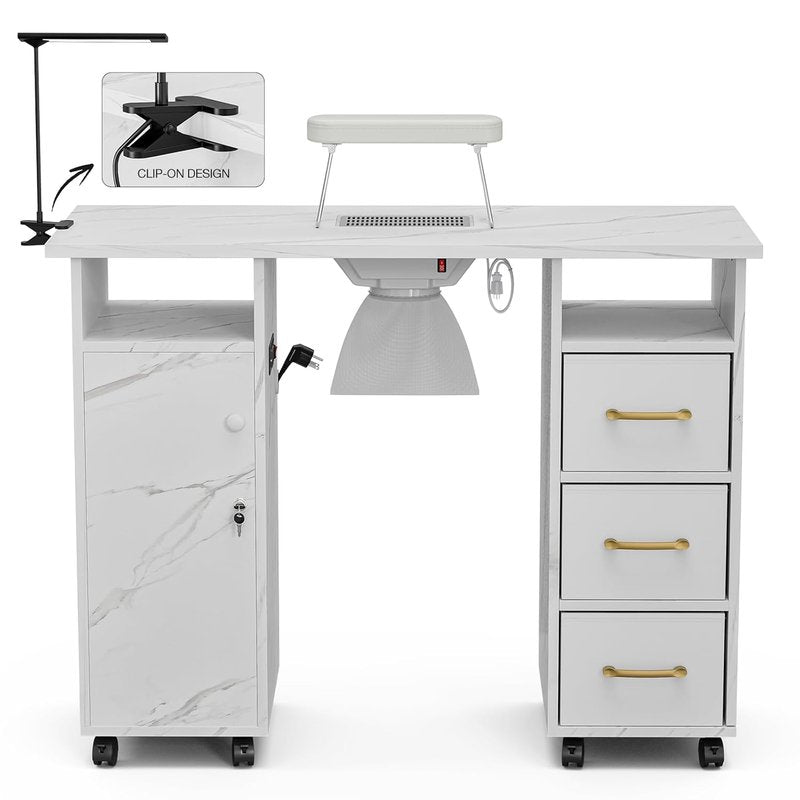 Manicure Table Nail Station - Marbling Texture with Charging Station, Dust Collector, LED Lamp | White