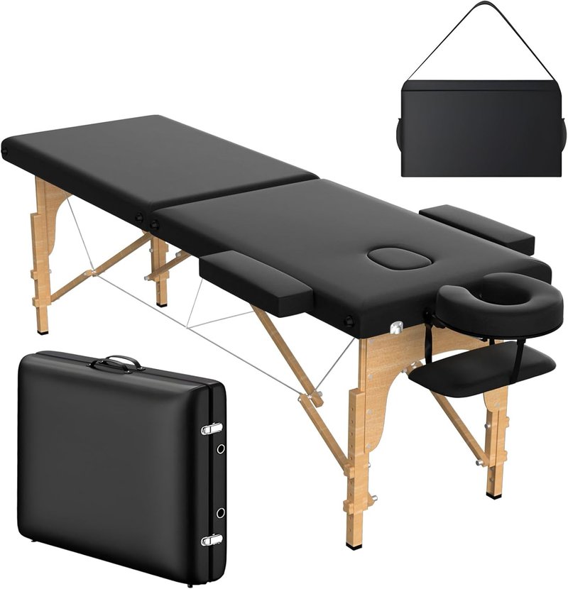OmySalon Massage Table Portable Massage Bed, 84" x 24" 2-Fold Salon SPA Tattoo Bed Lash Table Height Adjustable with Carrying Bag, Face Cradle & Wooden Frame, Black