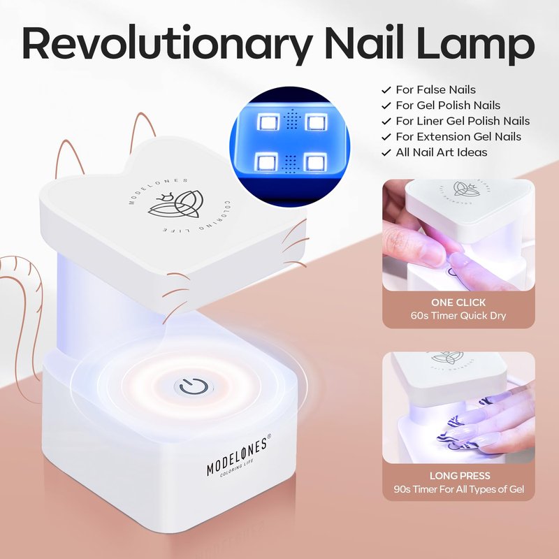 modelones X Nail Gel Kit Short Almond, 9-in-One Nail Glue with Mini UV Light 216Pcs 12Sizes Pre-Etched Press ons Fake Acrylic Extension Kit DIY Salon Gift for Women