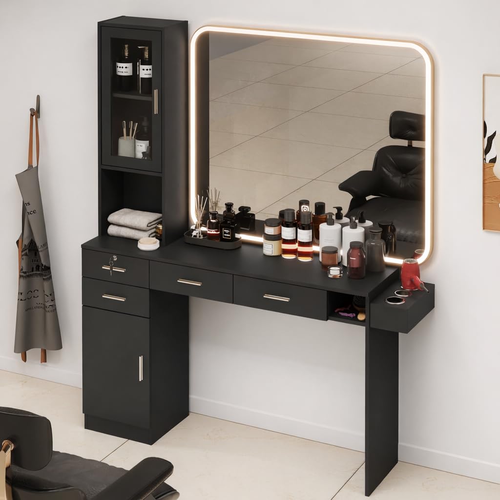 Skiennix Salon Station - Wall Mount Barber Cabinet with 3 Hair Dryer Holders & Storage Drawers | Black