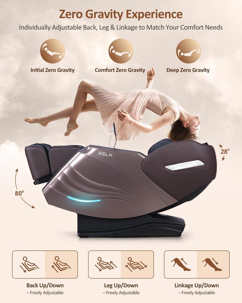 RELX Full Body Massage Chair - 20 Modes, Zero Gravity, Shiatsu with Heat & AI Control | Brown